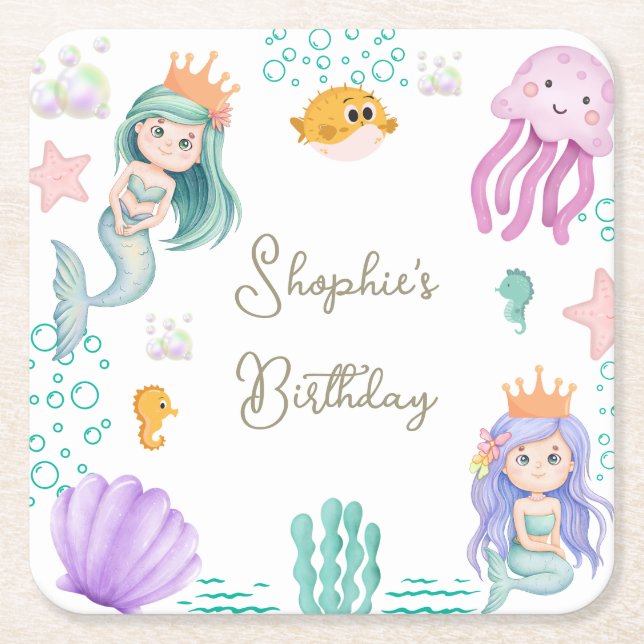 Magic Mermaid Birthday Party Rechteckiger Pappuntersetzer (Vorderseite)