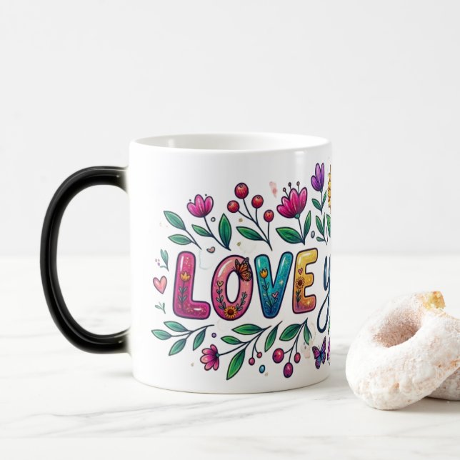 Magic Morphing Mug - Floral Sunflower "Love You Mo Verwandlungstasse (Mit Donut)