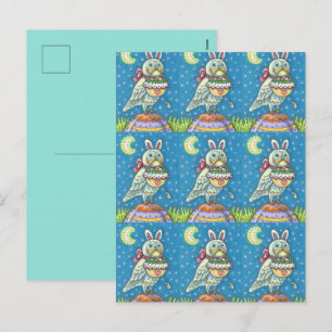 MAGIC OWL & EASTER BASKET, WHIMSICAL FOLART BIRD FEIERTAGSPOSTKARTE