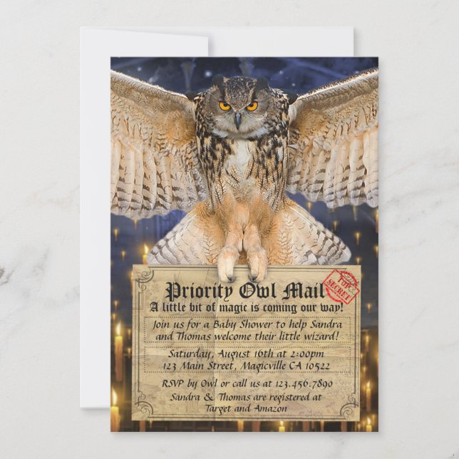 Magic Owl Mail Letter für ein Wizard Baby Dusche Einladung (Vorderseite)