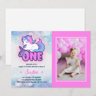 Magic Pink Lila Unicorn 1. Geburtstag Foto Einladung