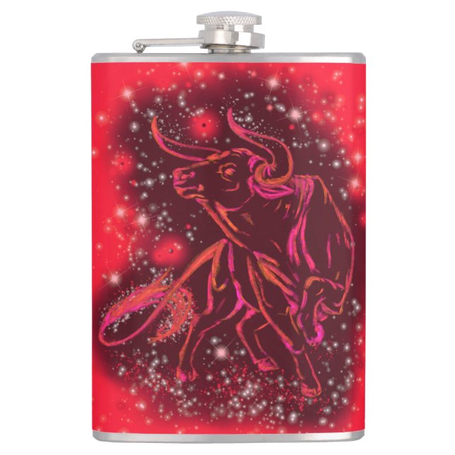 Magic Red Neon Bull Running - Phantastische Sterne Flachmann (Vorderseite)