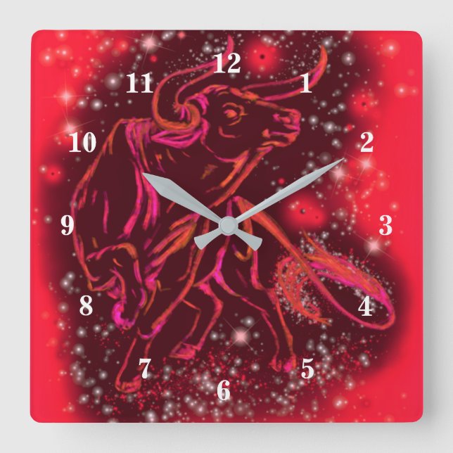 Magic Red Neon Bull Running - Phantastische Sterne Quadratische Wanduhr (Vorderseite)