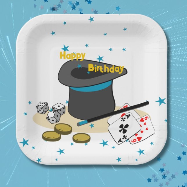 Magic Show Happy Birthday Kids Party Square Pappteller (Magic Show Happy Birthday Kids Party Square Paper Plates, Blue Stars)