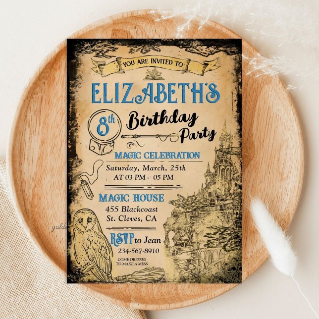 Magic Wizard Hexe Blue Birthday Party Einladung (Zazzle Magic Wizard Witch Blue Birthday Party Invitation)