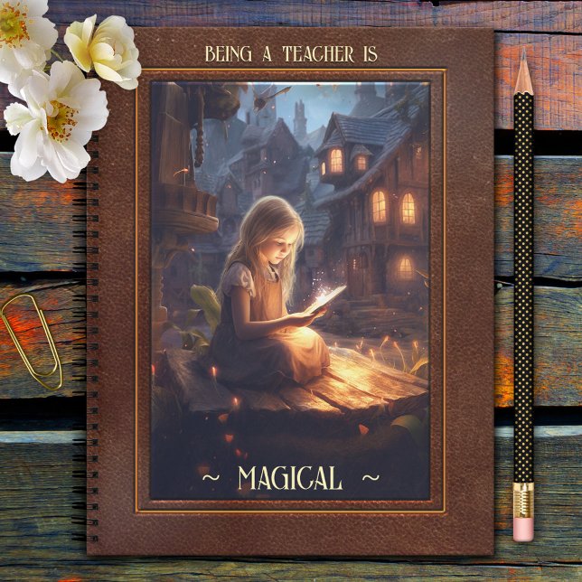 Magical Art Reading Teacher Notizbuch (Teacher notebook featuring a fine art design with a girl reading a book in a magical environment.)