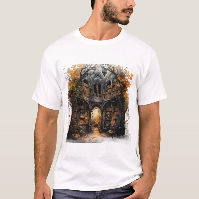 Magical Autumn Book House Halloween Illustration T-Shirt (Vorderseite)