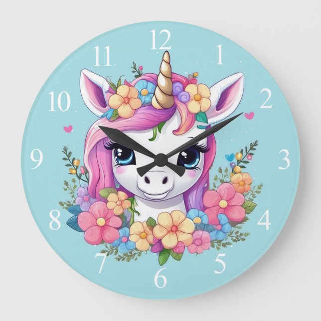 Magical Baby Unicorn mit Blume Große Wanduhr (Vorderseite)