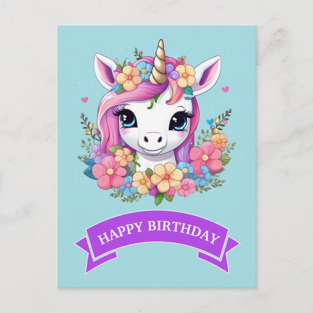 Magical Baby Unicorn mit Blume Postkarte (Vorderseite)