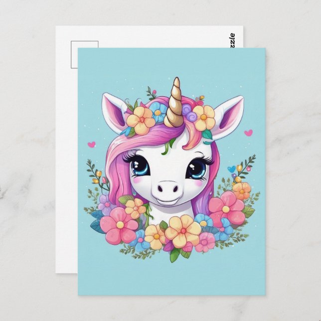 Magical Baby Unicorn mit Blume Postkarte (Vorne/Hinten)