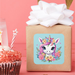 Magical Baby Unicorn mit Blume Quadratischer Aufkleber