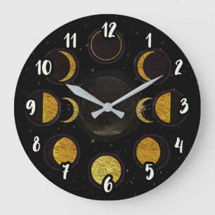 Magical Black & Gold Moon Phasen Große Wanduhr