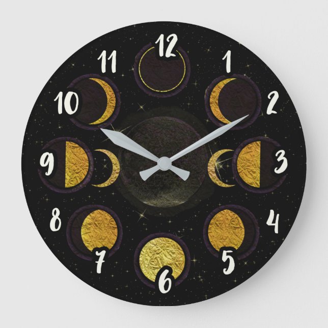 Magical Black & Gold Moon Phasen Große Wanduhr (Vorderseite)