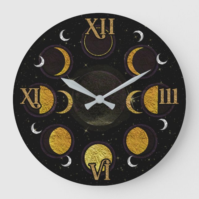 Magical Black & Gold Moon Phasen Große Wanduhr (Vorderseite)