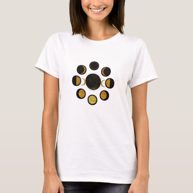Magical Black & Gold Moon Phasen T-Shirt (Vorderseite)