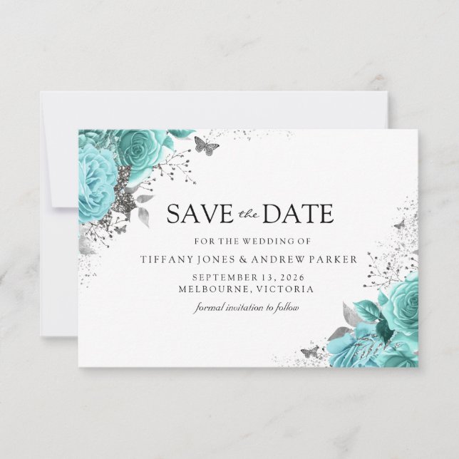 Magical Blue Aquamarin Aqua Rose Hochzeit Save The Date (Vorderseite)