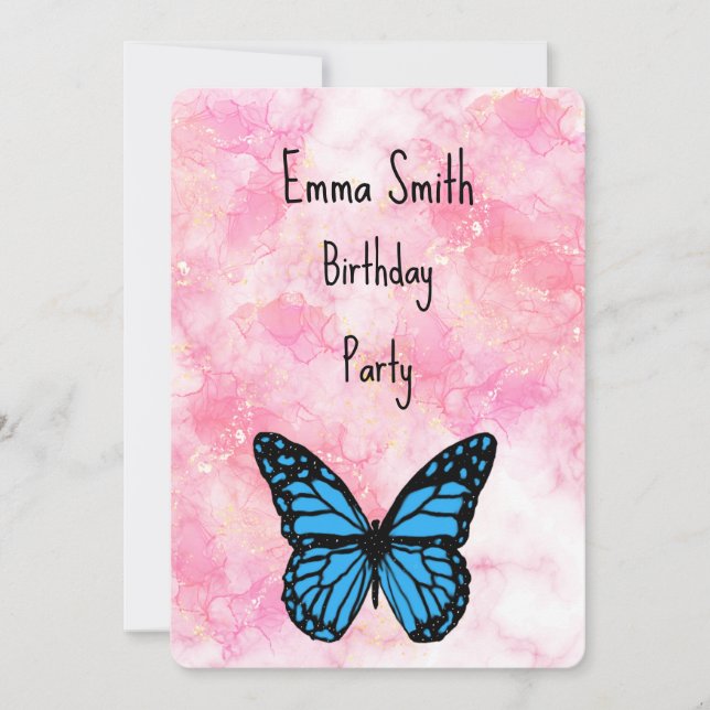 Magical blue butterfly pink glitter art dankeskarte (Vorderseite)