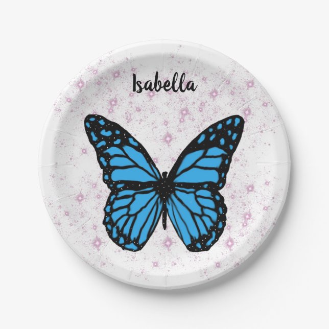 Magical blue butterfly pink glitter art pappteller (Vorderseite)