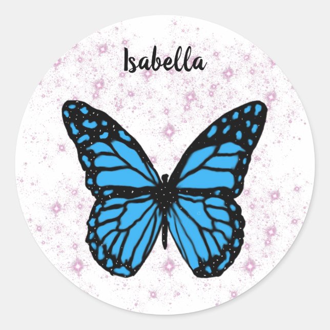 Magical blue butterfly pink glitter art runder aufkleber (Vorderseite)