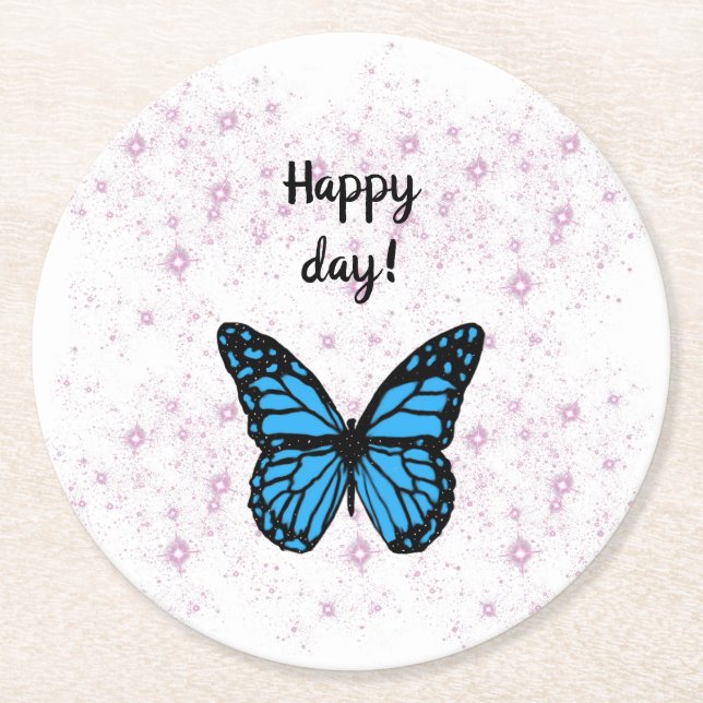 Magical blue butterfly pink glitter art runder pappuntersetzer (Vorderseite)