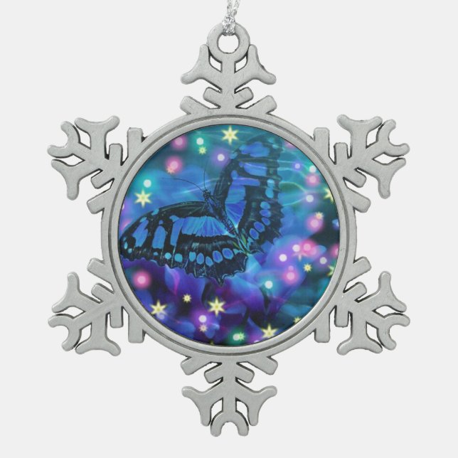 Magical Blue Butterfly Schneeflocken Zinn-Ornament (Vorderseite)