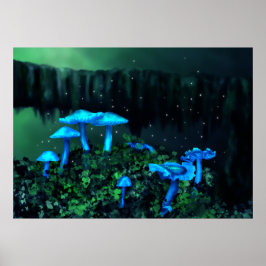 Magical Blue Fairy Mushrooms Poster