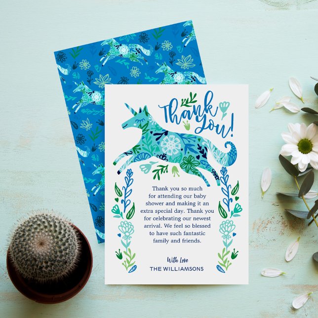 Magical Blue Floral Unicorn Baby Boy Shower Dankeskarte (Magical Blue Floral Unicorn Baby Boy Shower Thank You Card)