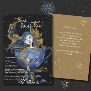 Magical Blue Gold Fairy Teacup Geburtstags-Tee-Par Einladung