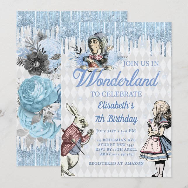 Magical Blue Ice Alice im Wunderland Party Einladung (Vorne/Hinten)