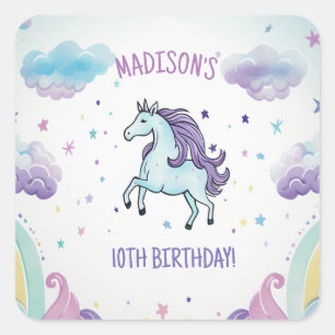 Magical Blue und Lila Unicorn Geburtstag Quadratischer Aufkleber