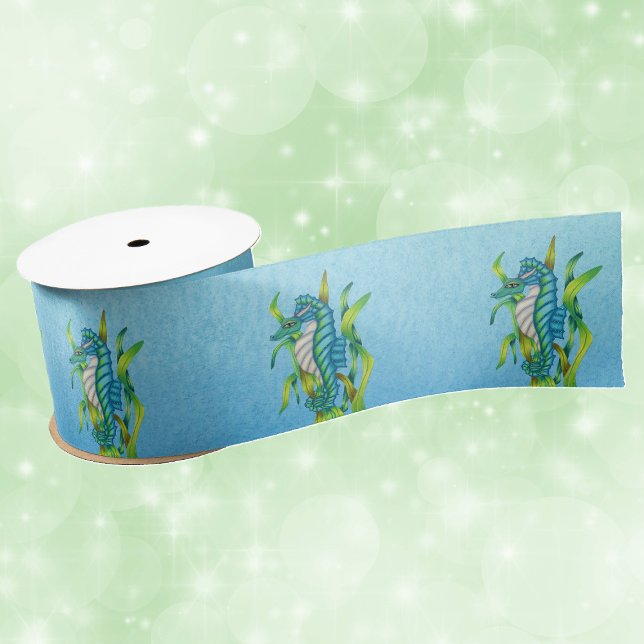 Magical Blue White Sea Dragon Creature Seetang Satinband (Magical ocean sea dragons with seaweed on shades of blue roll of gift wrap or craft ribbon.)