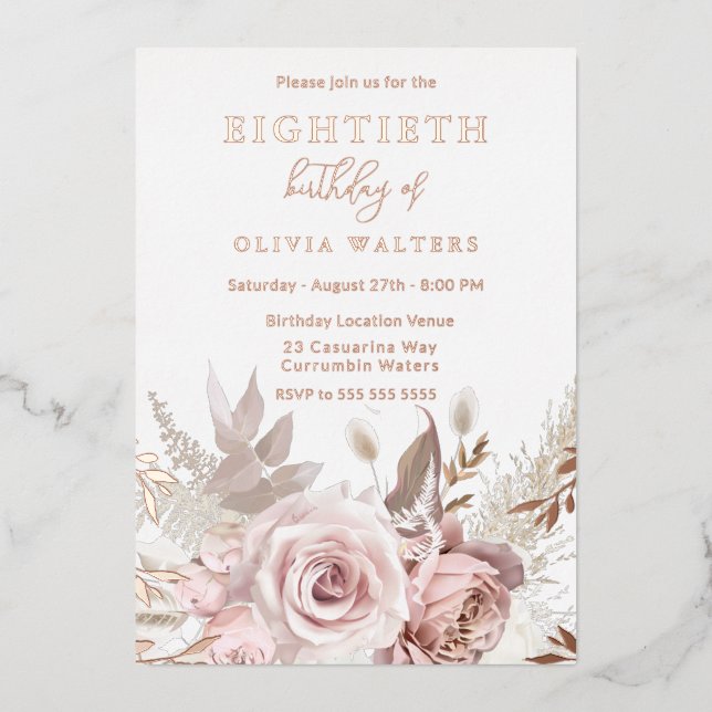 Magical Blush & Rose Floral 80th Birthday Folieneinladung (Vorderseite)