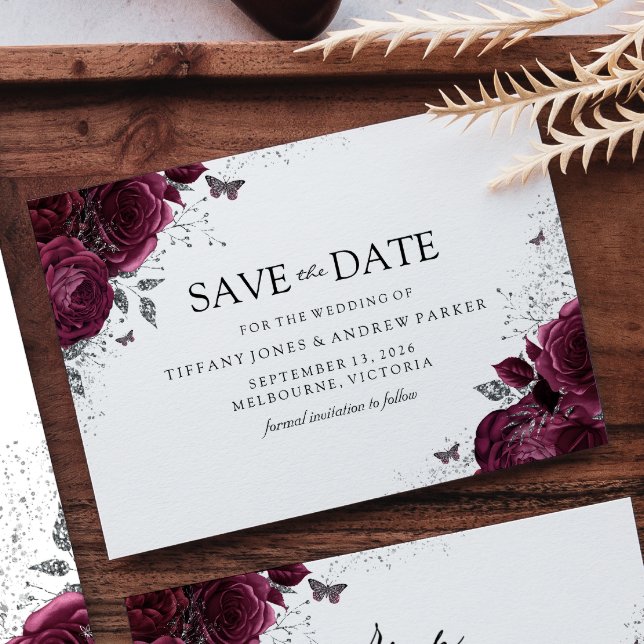 Magical Burgundy Maroon Rose Blumenhochzeit Save The Date (Von Creator hochgeladen)