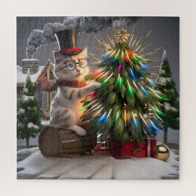 Magical Cat Christmas Whimsical 3D Winter Szene Puzzle (Vertikal)