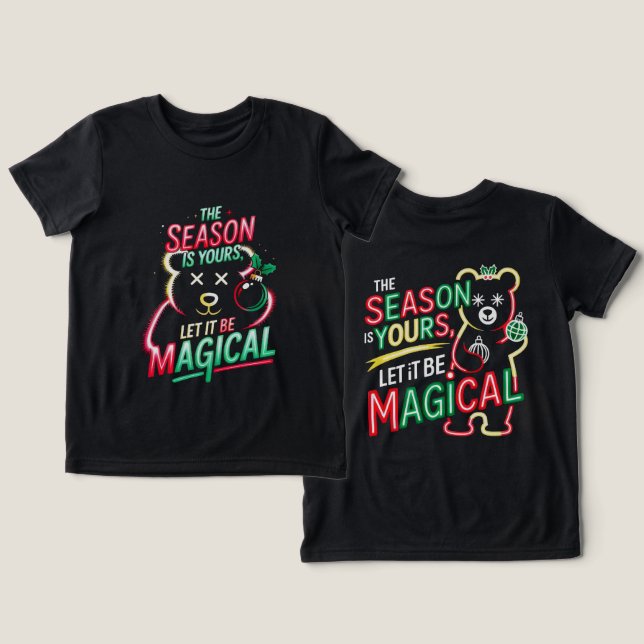 Magical Christmas Bear Girls Whimsical Neon Holida Tri-Blend Shirt (Design Vorderseite & Rückseite)