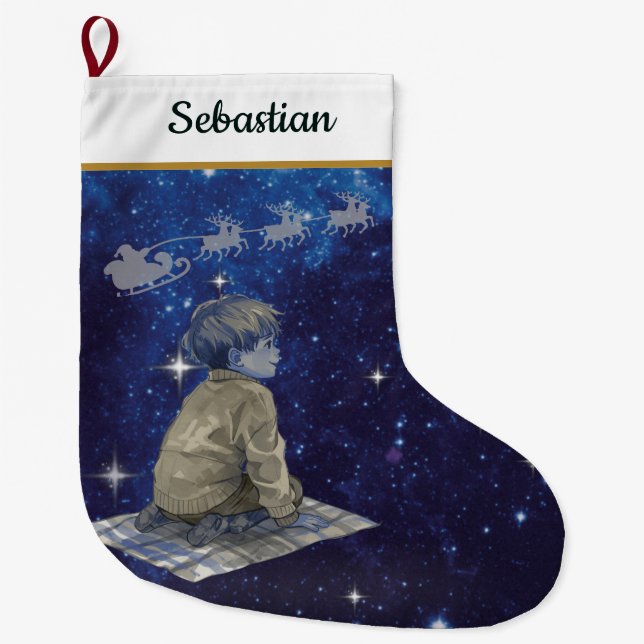 Magical Christmas Boy Stocking – Navy Silver Großer Weihnachtsstrumpf (Vorderseite)