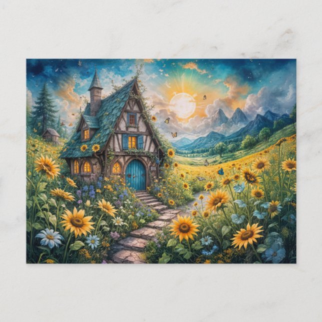 Magical Cottage with Sunflower Field Postkarte (Vorderseite)