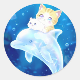 Magical Crystal Dolphin Ride: Cat & Hamster Runder Aufkleber