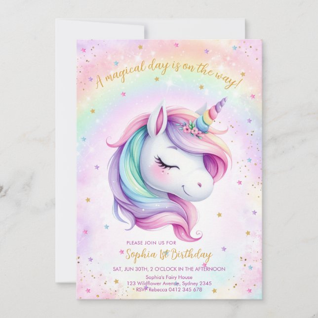 Magical Day Unicorn and Rainbows Birthday Einladung (Vorderseite)