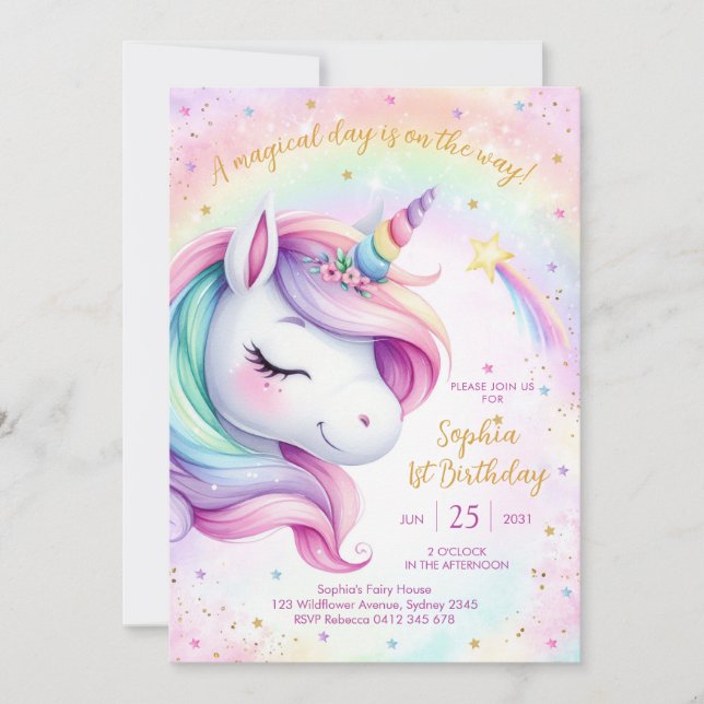 Magical Day Unicorn and Rainbows Birthday Einladung (Vorderseite)