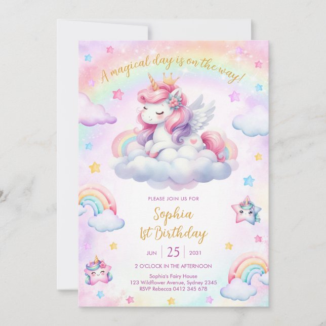 Magical Day Unicorn and Rainbows Birthday Einladung (Vorderseite)