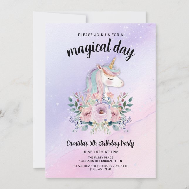 Magical Day Unicorns and Flowers Birthday Party Einladung (Vorderseite)