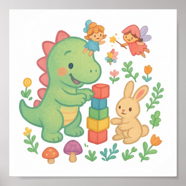 Magical Dino & Bunny - Niedliche Märchenfreunde Po Poster (Vorne)