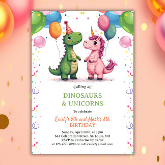 Magical Dinosaur & Unicorn Joint Kindergeburtstag Einladung