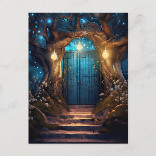 Magical Enchanted Forest Fantasy Antique Door Postkarte (Vorderseite)