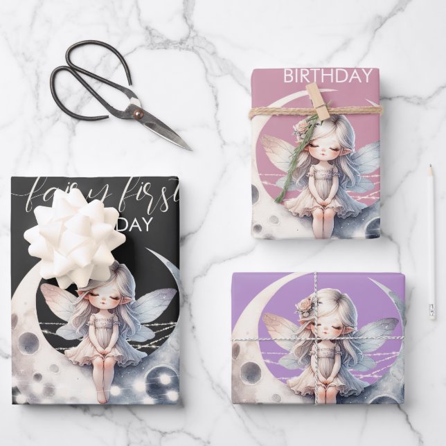 Magical Fairy First Girl Happy Birthday Geschenkpapier Set (Vorderseite)
