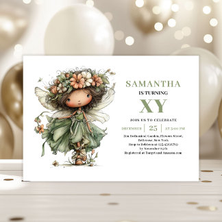 Magical Fairy Girl Birthday Dusty Green Invitation Einladung