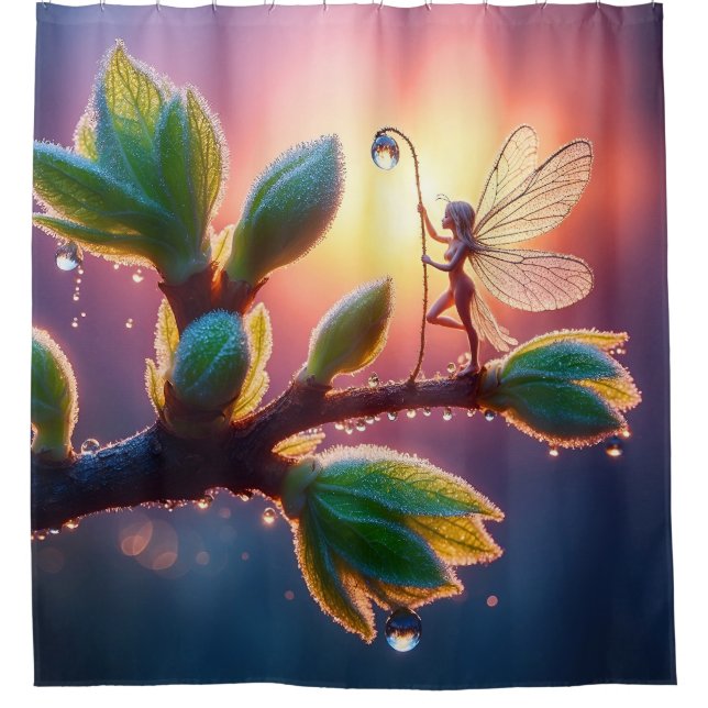 Magical fairy with dewdrop lantern on the branch duschvorhang (Vorderseite)