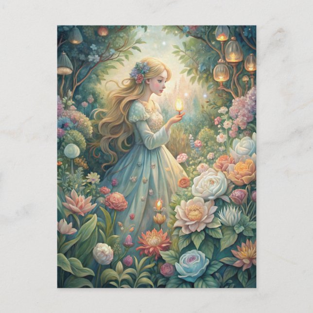 Magical Fairytale Young Woman Lanterns Garden Postkarte (Vorderseite)