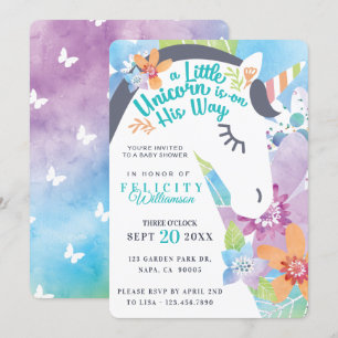 Magical Floral Unicorn Baby Boy Dusche Einladung